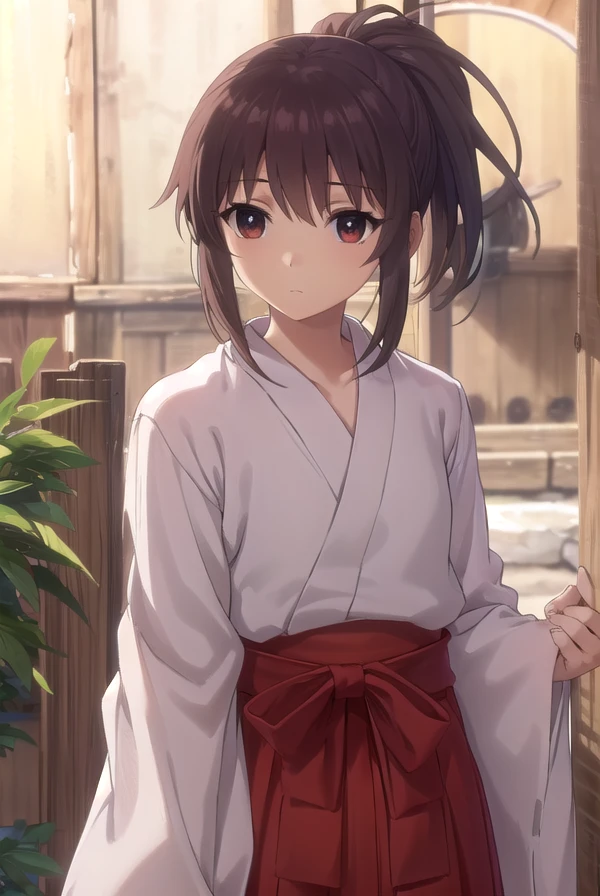 kaorukosumirekoichijou, <lora:kaoruko sumireko ichijou s1-lora-nochekaiser:1>,
kaoruko sumireko ichijou, brown hair, (brown eyes:1.5), ponytail,
BREAK skirt, long sleeves, japanese clothes, hakama, hakama skirt, miko, red hakama,
BREAK outdoors, shrine,
BREAK looking at viewer, (cowboy shot:1.5)
BREAK <lyco:GoodHands-beta2:1>, (masterpiece:1.2), best quality, high resolution, unity 8k wallpaper, (illustration:0.8), (beautiful detailed eyes:1.6), extremely detailed face, perfect lighting, extremely detailed CG, (perfect hands, perfect anatomy),