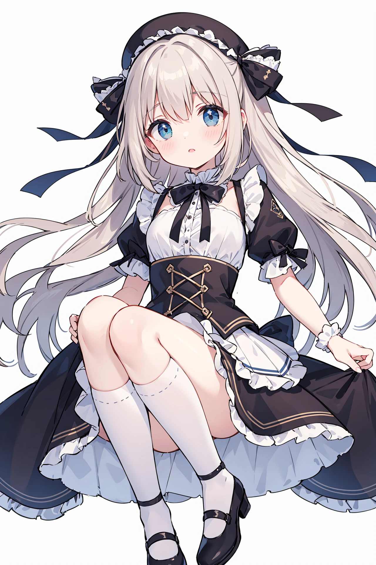 ruffled sleeves, knee socks, pumps, ruffled ribbon at bust, white tutu skirt