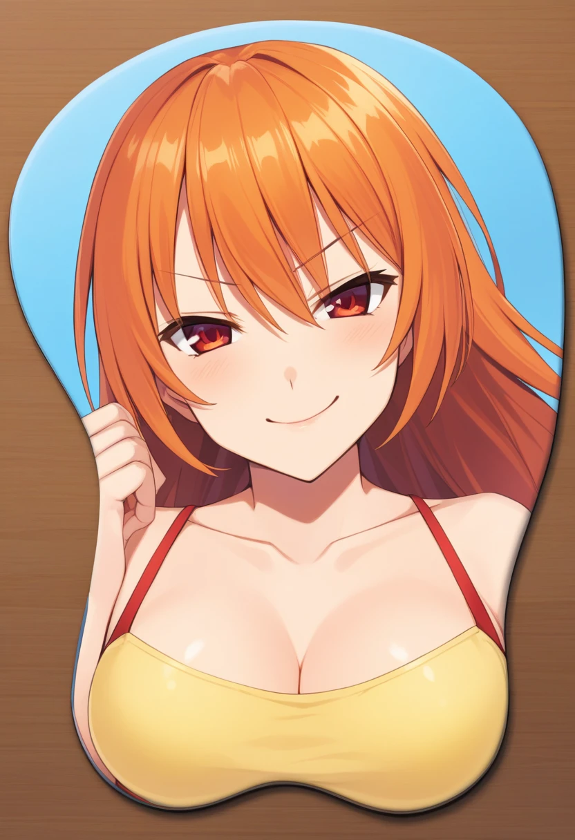 one girl, long wavy hair, orange hair,blue eyes,(one eye closed),big breasts,(makeup),(seductive smile,clenched teeth),orange bikini top,hands behind head,lying down, pov from front and above,beach,sweating body,shining body,(suntan)