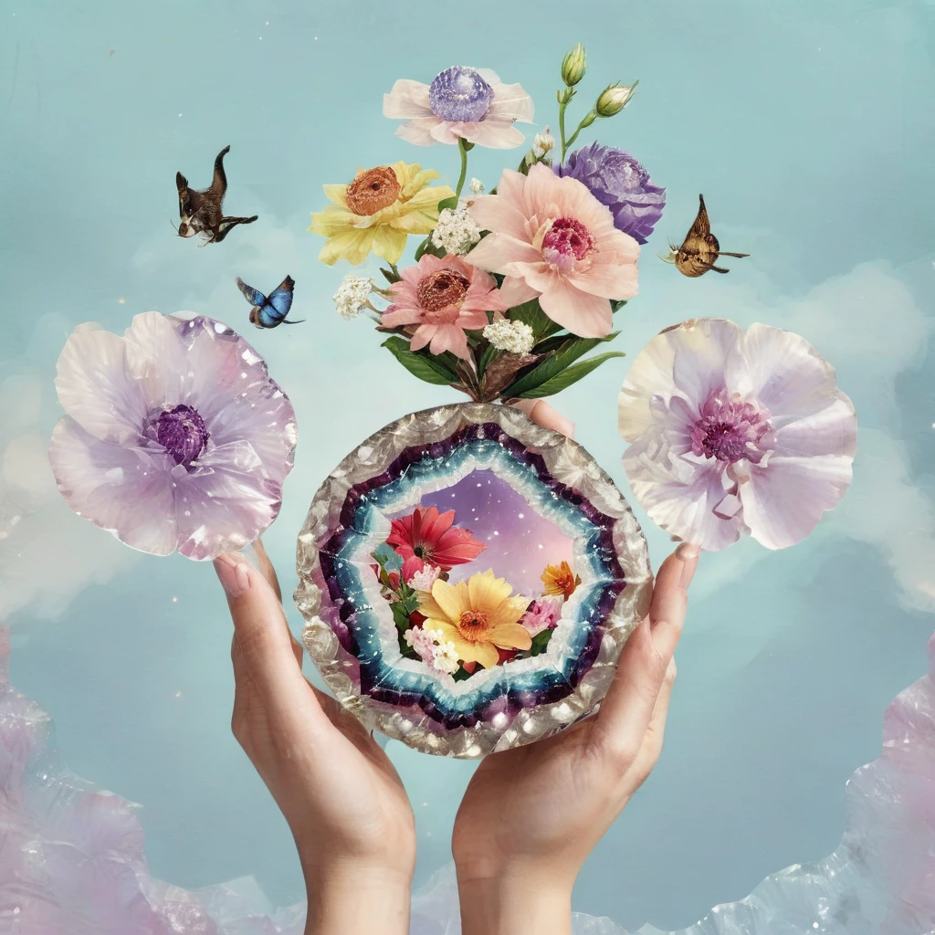 woman holding floating crystal geode, mixed flower blossoms,  dream, beautiful latin poster art, tiny cat, faded pastel color wash, floating diamond, high quality color art print, collage, ctpst <lora:ctpst-000013:0.9>