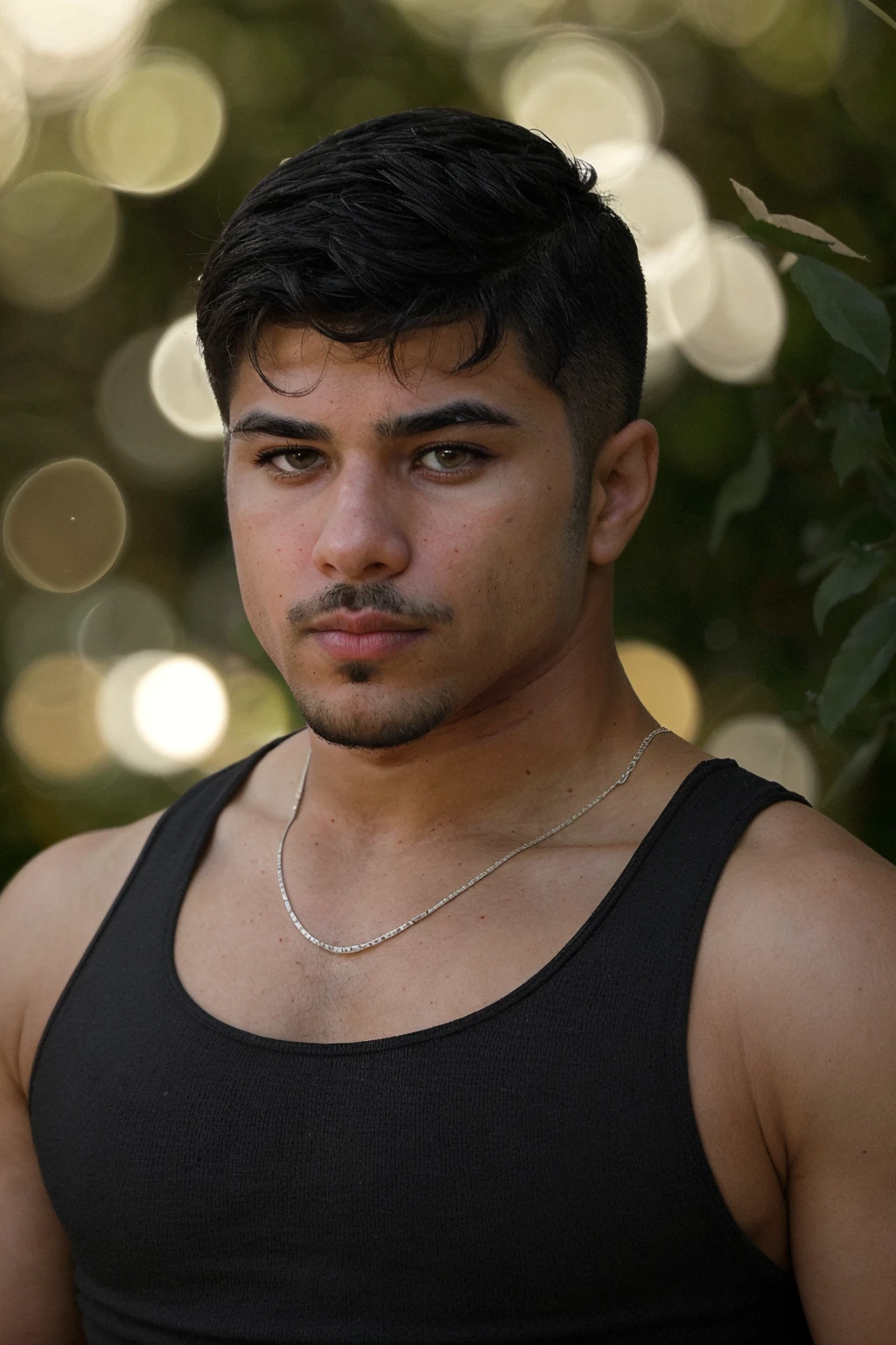 male focus, <lora:fmounshed-14:0.75> (close-up shot), (headshot) photo of fmounshed, light bokeh, blurred natural background, natural light, relaxed serious expression, black tank top, silver necklace, facial hair, soft diffused lighting