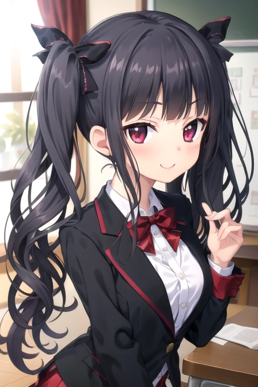 ((masterpiece)),(best quality),official art,extremely detailed CG,unity 8k wallpaper,ultra detailed,beautiful detailed eyes,extremely detailed face,classroom,1girl,solo,upper body,(portrait:1.5),looking at viewer,facing viewer,smile,nanase shizuku,long wavy black hair,twintails,hair bow,black bow,hair ribbon,black ribbon,sidelocks,bangs,red eyes,blazer,black jacket,wing collar,red wrist cuffs,red bowtie,collared shirt,white shirt,medium breasts,long sleeves,miniskirt,red skirt,plaid skirt,pleated skirt,garter straps,frilled thighhighs,black thighhighs,loafers,<lora:Nanase Shizuku(ip2):0.7>,