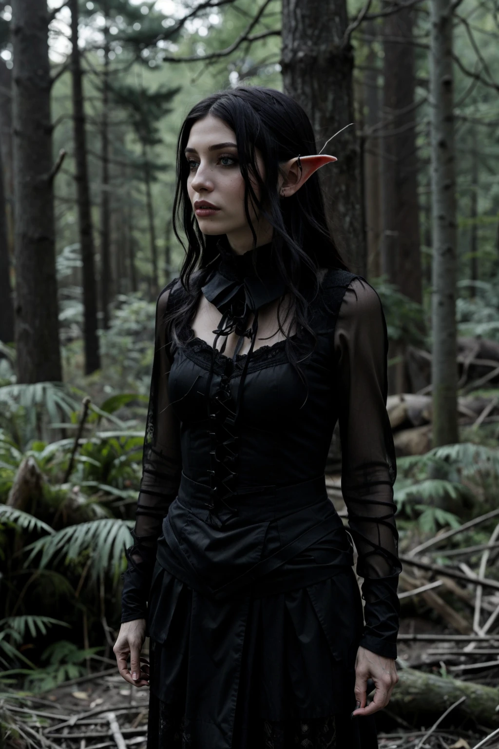 female elf mage at night in the forest, atmospheric, cinematic, high detail, masterpiece , gothic <lora:G0thG1rl_sd15_style_gpt_trigger:0.75> g0thg1rl