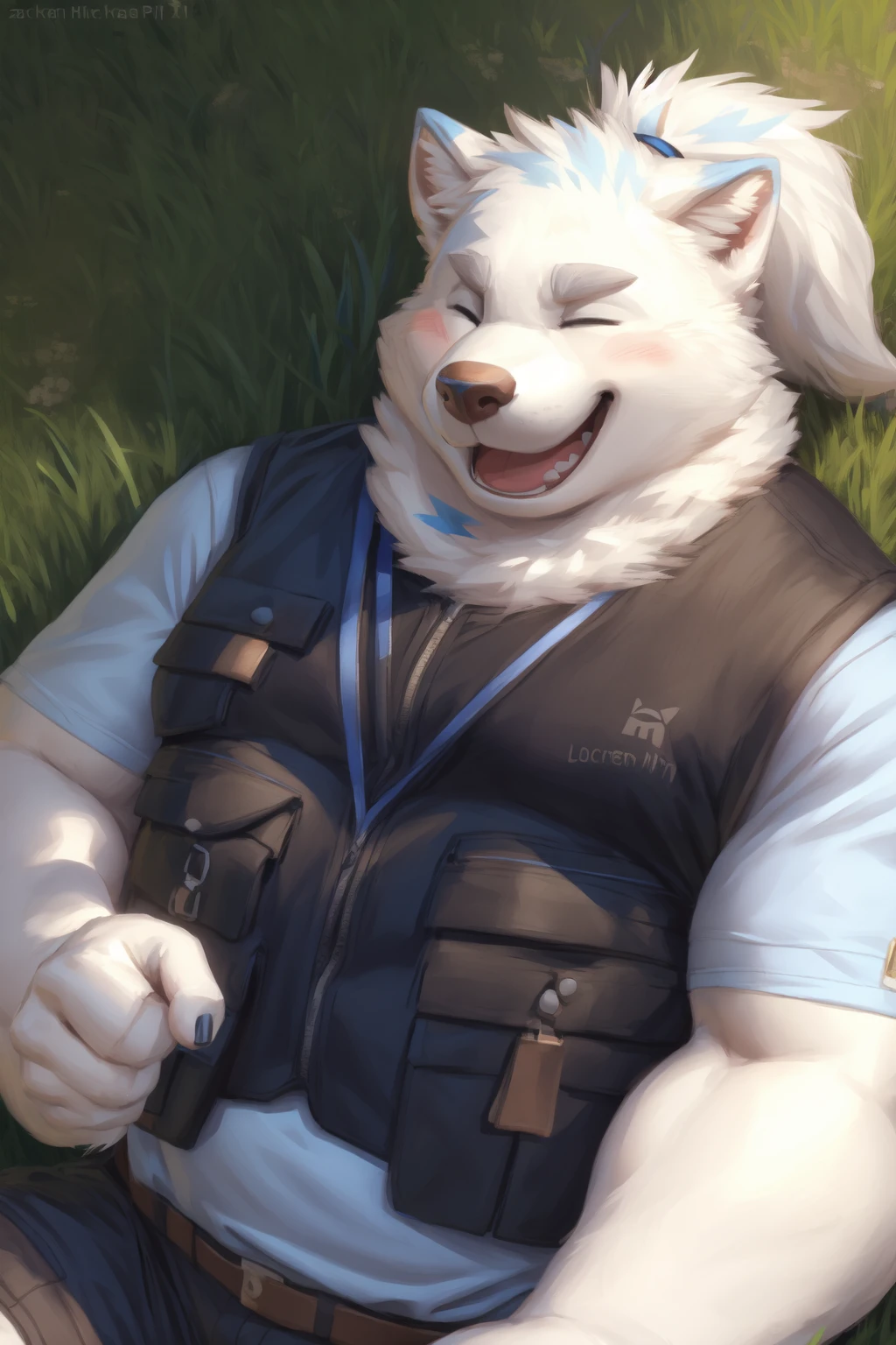 <lora:yohack-05:1>, yohack, blue eyes, musclegut, ponytail, cute, (posing:1.3), (soft shading), 4k, hi res, ((detailed face, detailed)), by zackarry911, by zaush, (by personalami:0.5), blush, smile, open mouth, shirt, 1boy, closed eyes, upper body, vest, fangs, blue shirt, pointing, black vest, animal nose, two-tone fur, lying, on grass