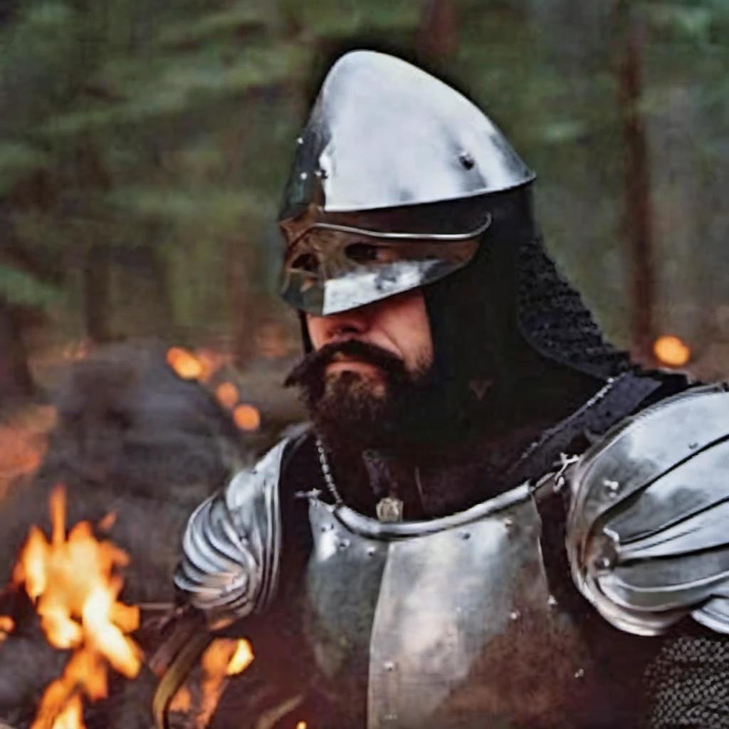Makar, gothic armor, pale skin, upper part in frame, knight male, near the bonefire, black beard, thick beard, medieval clothing, dark clothes, long sleeves, short hair, sitting near bonefire, face with wrinkles, bruises under the eyes, night dark forest, starry sky, (((film grain))), (warm colors), 1990s fantasy art, (by Jeff Easy, by Julie Bell), solo, 1man  <lora:gothic armor:1>