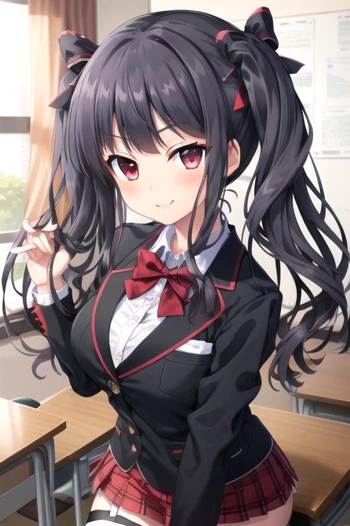 ((masterpiece)),(best quality),official art,extremely detailed CG,unity 8k wallpaper,ultra detailed,beautiful detailed eyes,extremely detailed face,classroom,1girl,solo,upper body,(portrait:1.5),looking at viewer,facing viewer,smile,nanase shizuku,long wavy black hair,twintails,hair bow,black bow,hair ribbon,black ribbon,sidelocks,bangs,red eyes,blazer,black jacket,wing collar,red wrist cuffs,red bowtie,collared shirt,white shirt,medium breasts,long sleeves,miniskirt,red skirt,plaid skirt,pleated skirt,garter straps,frilled thighhighs,black thighhighs,loafers,<lora:Nanase Shizuku(ip2):0.7>,