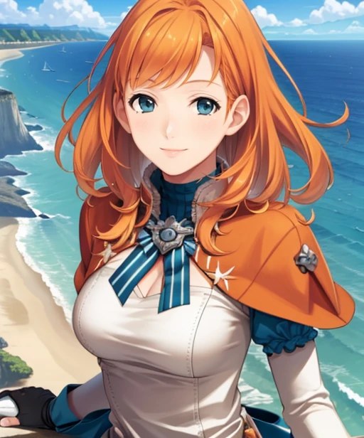 portrait, (adult woman), (1girl, solo), smile, (orange hair), ((coast, bay, cliffs, ocean)), (distant castle on a cliff), ((best quality, high detail)), ((masterpiece)), <lora:Annette_FE:0.7> (annette_war), medium hair, caplet, gloves, dress, <lora:1_marui_15e:1>