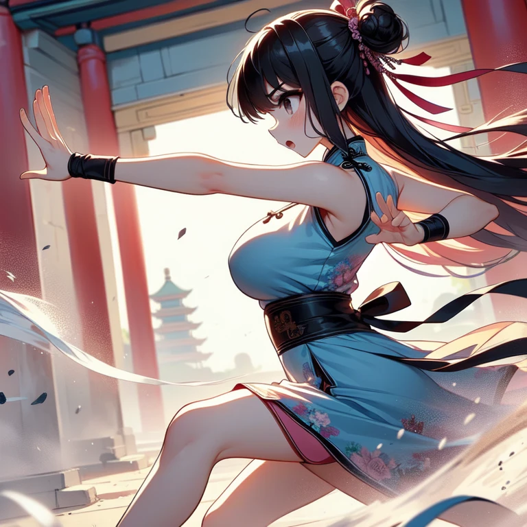 (((masterpiece))), (((best quality))), (((tsuuhaiken))), (((outstretched arms))), (((hand close to waist))), sidelocks, longhair, wristband, sleeveless, chiffon floral qipao, fluttering skirt, wind, dust, steam, solo, 1girl, (((big tits))), ((ribbon)), open mouth, sweat, shy, blush, ((slim figure)), lace stockings, (((ancient china ruins))), <lora:girlliketsuuhaiken:1>,