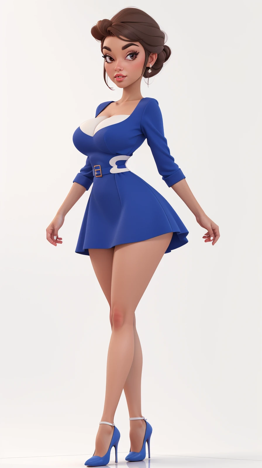 gorgeous Russian woman, short hair, platinum blonde, red minidress, blank background, white background, full body shot, walking, icy blue eyes, miniskirt
