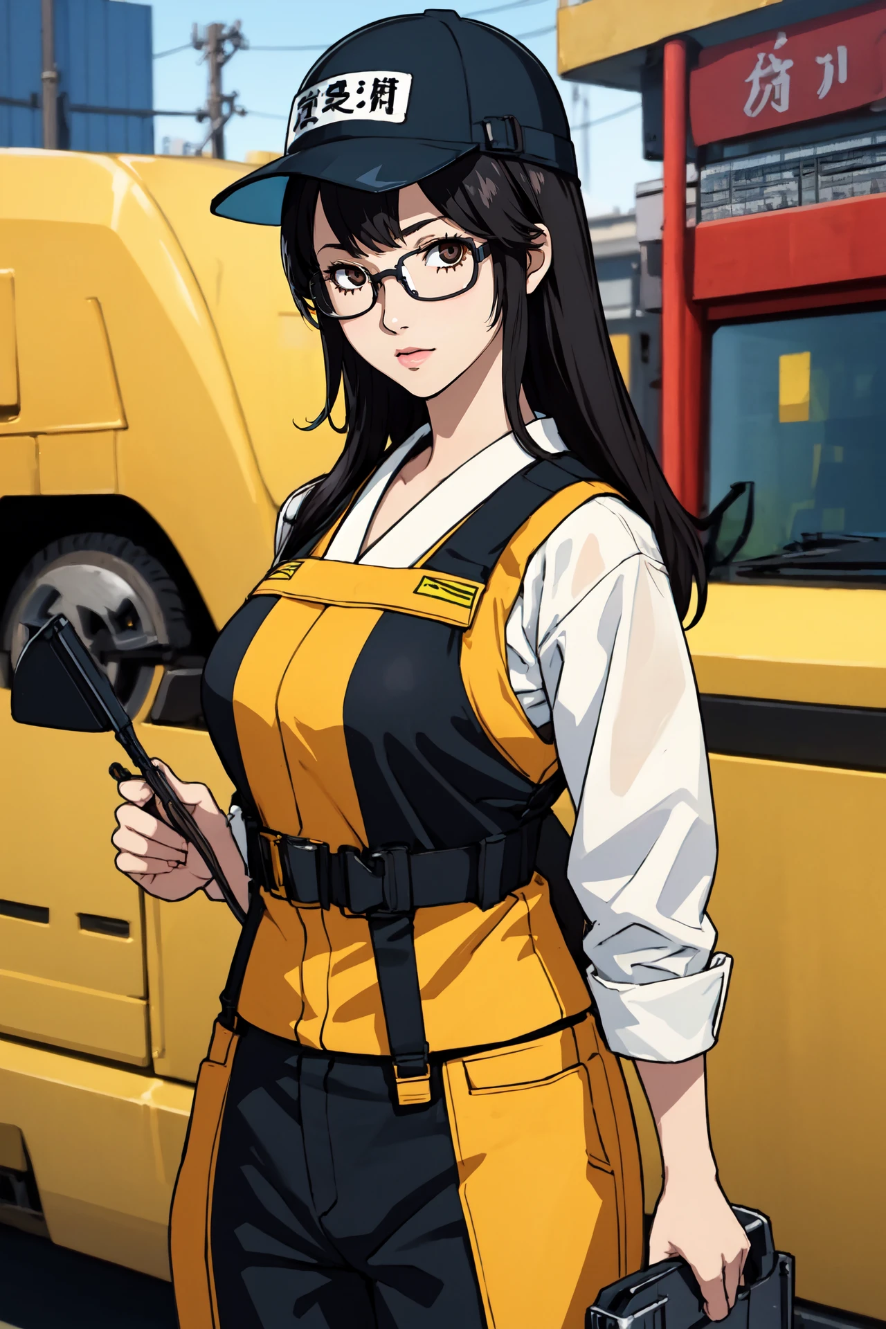 (best quality:1.2), (intricate details), (looking at viewer:1.5), large breasts, 25 years old girl, (japenese), black hair,, construction worker, Hard hat, reflective vest, safety glasses, tool belt, durable work attire,