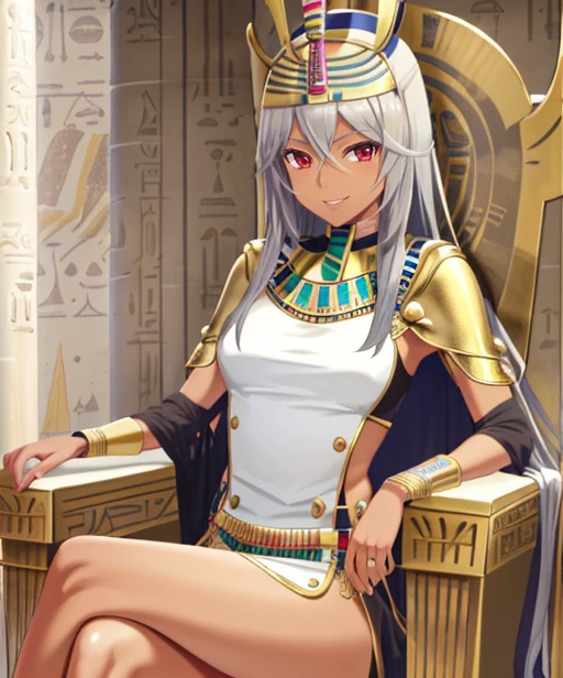 (adult woman), (1girl, solo), sitting on a throne, crossed legs, ((egyptian, pharaoh, dark skin)), (mischievous smirk, seductive smile), (silver hair), (red eyes), ((eqyptian temple)), ((best quality, high detail)), ((masterpiece)),  <lora:1_ng_10e:1>