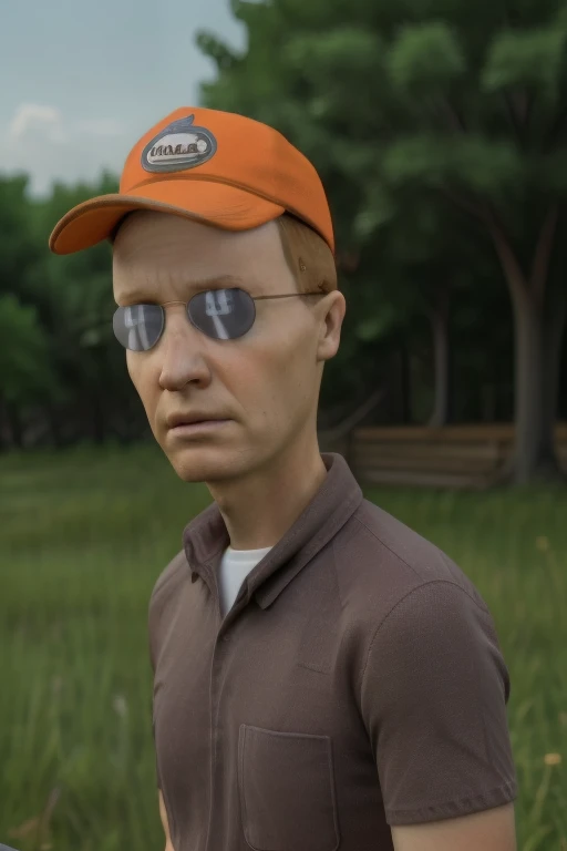<lora:Dale Gribble - King of the Hill - 1997 - V1:0.85> Dale_Gribble, Orange_mack_track_tracker_hat, sunglasses, brown shirt, white undershirt, dirty blonde hair, <lora:Add_realistic:1.25>, 8k, RAW photo, best quality, ultra high res, photorealistic, masterpiece, ultra-detailed, Unreal Engine<lora:LCM_SD15_2MB:1.0>