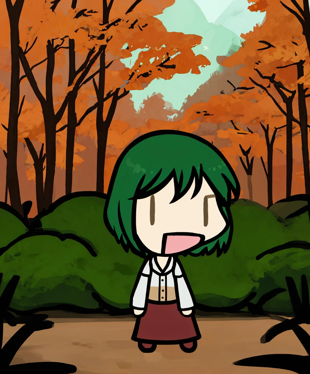 walfas,no nose,standing,1girl,scientist,green hair,:d,forest background,forest,solo,<lora:walfas-07:1>,