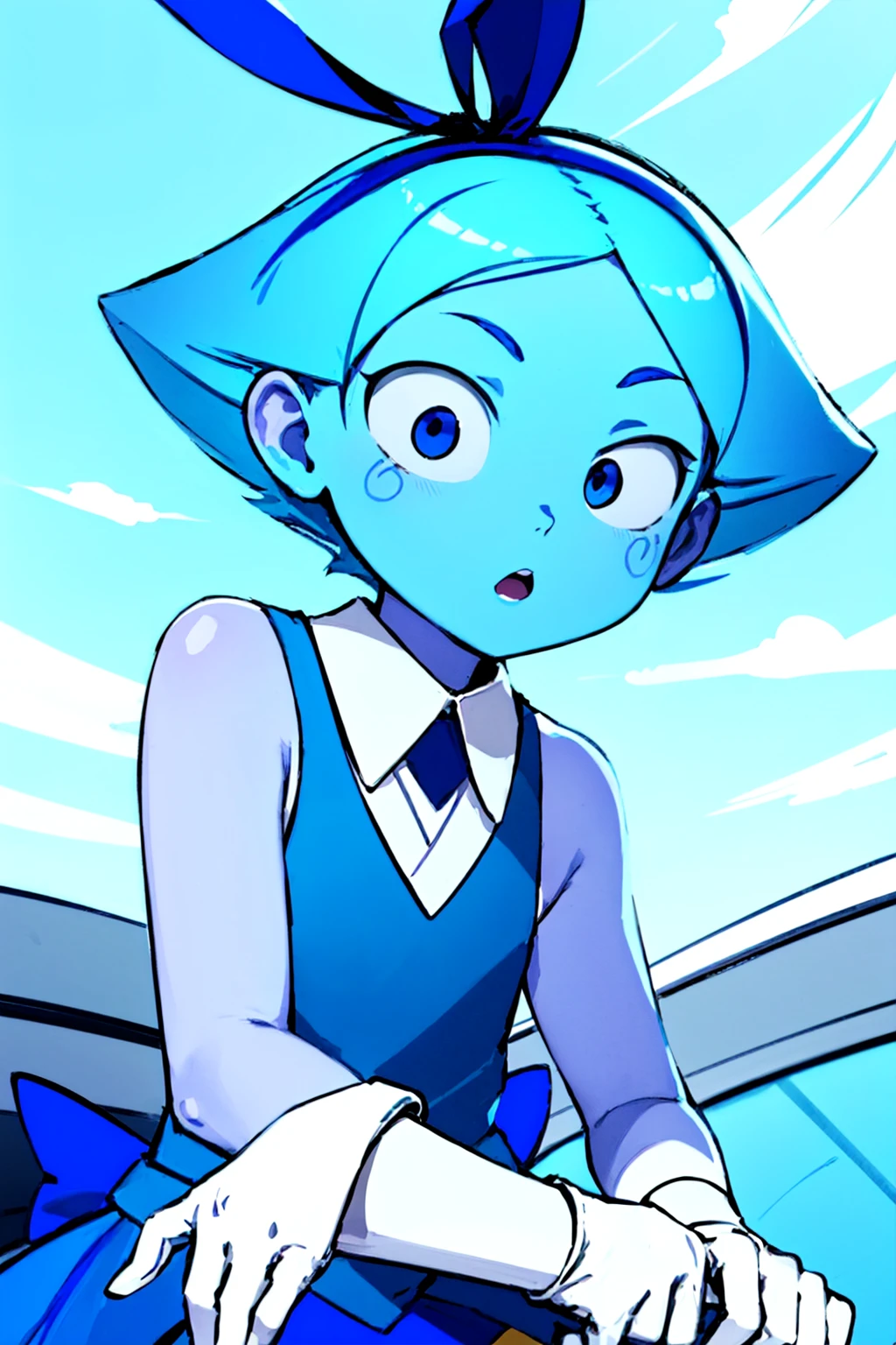 < aquam, blue hair, , 1girl, solo, hair bow, blue skin, sleeveless, white gloves, blue skirt,blue cirno, blue eyes, looking at viewer, short hair, blue footwear,outdoors,upper body, <lora:aquamarine4:0.7>