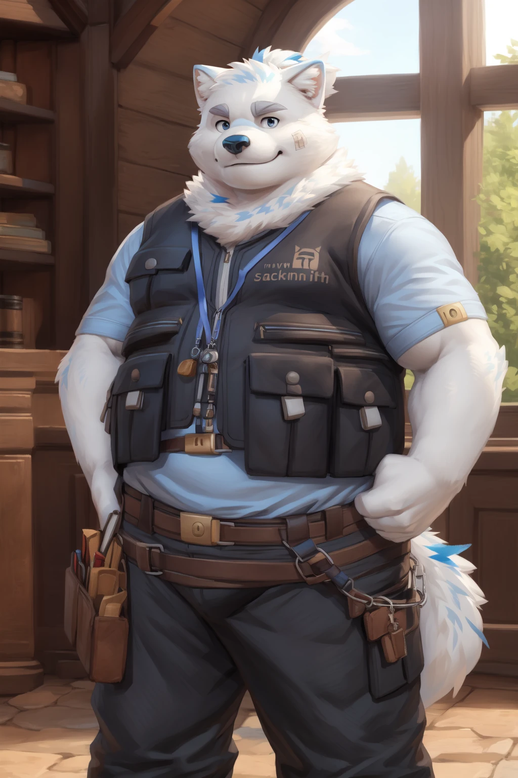 <lora:yohack-05:1>, yohack, blue eyes, musclegut, ponytail, bandaid on face, (posing:1.3), (soft shading), 4k, hi res, ((detailed face, detailed)), by zackarry911, by zaush, (by personalami:0.5), shirt, 1boy, standing, full body, belt, pants, vest, blue shirt, hands on hips, looking at viewer, smile