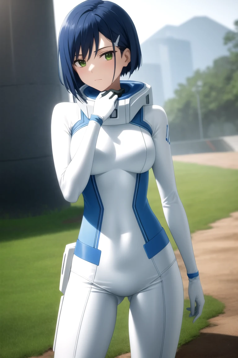 masterpiece, best quality, absurdres, <lora:Ichigo:0.7> Ichigo, green eyes, hairclip, <lora:age_slider_v2:0.4>, <lora:breastsizeslideroffset:-0.2>,
, Ichigo-Plugsuit, ploit suit, white bodysuit, skin tight, 
nice hands, perfect hands, <lora:GoodHands-beta2:1>, beaufitul hand, beautiful finger, BREAK outdoors, tele shot, (perfect anatomy), cowboy shot, [Cinematic lighting|Volumetric Lighting], looking at viewer