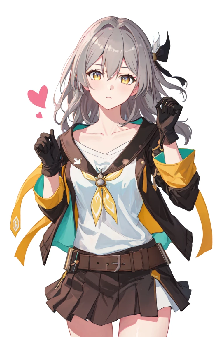 best quality, masterpiece, highres, <lora:fireflysd15:1>ï¼1girl, absurdres, black_gloves, black_jacket, black_skirt, closed_mouth, collarbone, commentary_request, cowboy_shot, double-parted_bangs, expressionless, gloves, grey_hair, hair_between_eyes, hands_up, heart, heart_hands, highres, honkai:_star_rail, honkai_\(series\), jacket, looking_at_viewer, medium_hair, shirt, side_slit, simple_background, skirt, sleeves_rolled_up, solo, stelle_\(honkai:_star_rail\), thigh_strap, trailblazer_\(honkai:_star_rail\), white_background, white_shirt, yamato_\(muchuu_paradigm\), yellow_eyes, yellow_trim