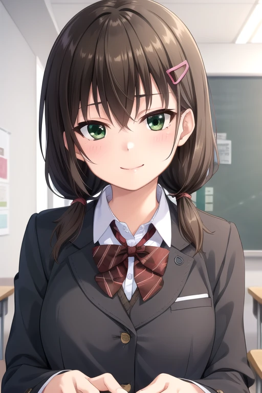((masterpiece)),(best quality),official art,extremely detailed CG,unity 8k wallpaper,ultra detailed,beautiful detailed eyes,extremely detailed face,classroom,1girl,solo,upper body,(portrait:1.5),looking at viewer,facing viewer,smile,long hair,brown hair,low twintails,hair ornament,hairclip,sidelocks,hair between eyes,green eyes,school uniform,blazer,black jacket,wing collar,red bowtie,sweater,collared shirt,white shirt,button,long sleeves,large breasts,brown skirt,plaid skirt,black thighhighs,zettai ryouiki,loafers,<lora:Sakaki Mio(nl):0.7>,