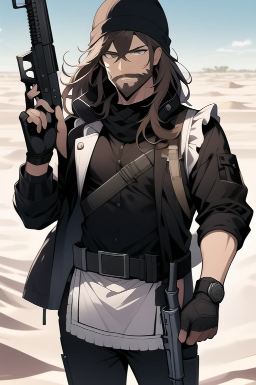 <lora:jeezo-10:1> jeezo, facial hair, holding gun, maid outfit, wearing maid outfit, holding ak-47 gun, desert background