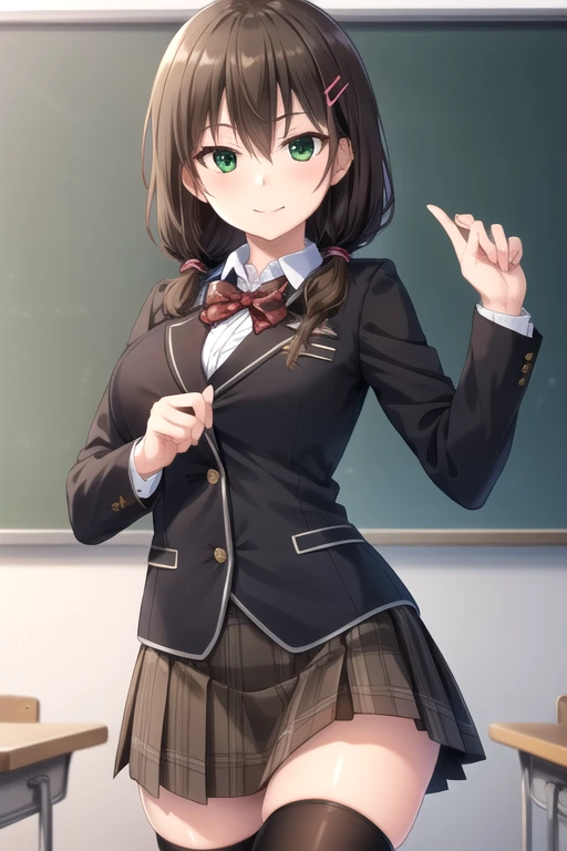 ((masterpiece)),(best quality),official art,extremely detailed CG,unity 8k wallpaper,ultra detailed,beautiful detailed eyes,extremely detailed face,classroom,1girl,solo,cowboy shot,looking at viewer,facing viewer,smile,long hair,brown hair,low twintails,hair ornament,hairclip,sidelocks,hair between eyes,green eyes,school uniform,blazer,black jacket,wing collar,red bowtie,sweater,collared shirt,white shirt,button,long sleeves,large breasts,brown skirt,plaid skirt,black thighhighs,zettai ryouiki,loafers,<lora:Sakaki Mio(nl):0.7>,