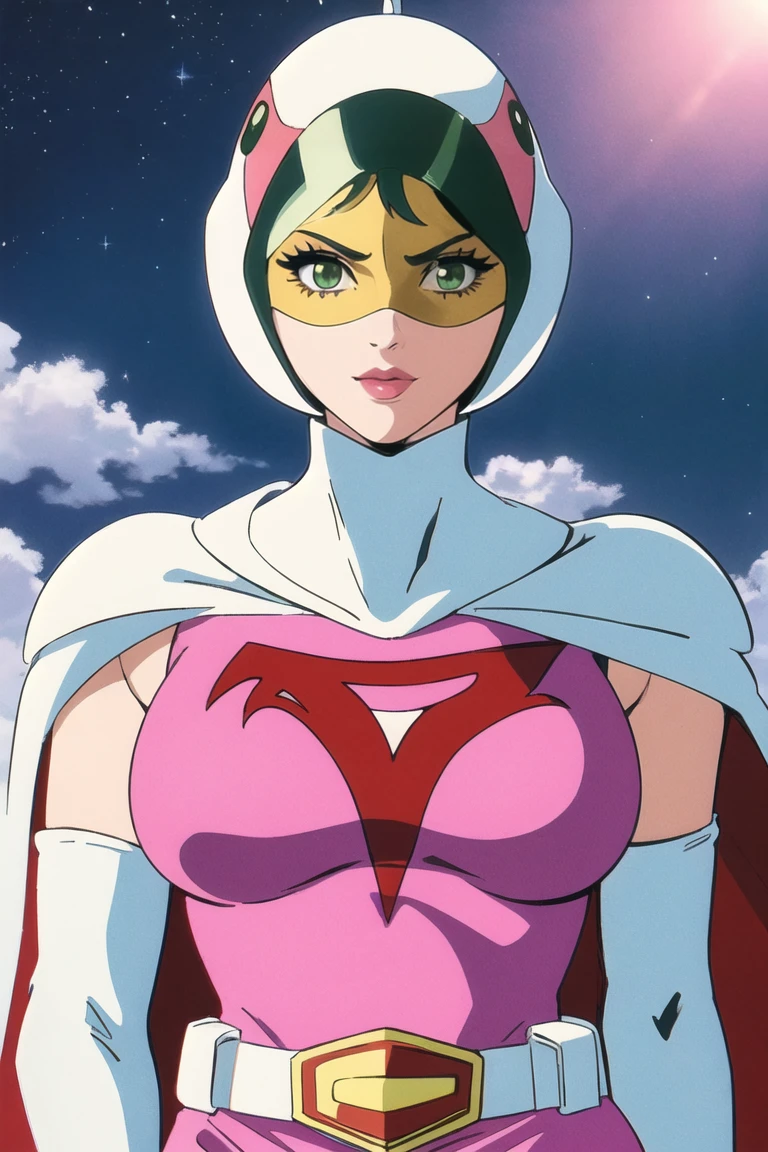 ANI_CLASSIC_jun_gatchaman_ownwaifu, jun the swan, 
1girl, breasts, lips, medium breasts, large breasts, green eyes, lipstick, makeup, eyelashes, eyeshadow,
(visor), helmet, cape, elbow gloves, thighhighs, belt, white gloves, zettai ryouiki, mask, skirt, white legwear, superhero, leotard, spacesuit, pink dress, white cape,  pink leotard, pink skirt, short dress,
<lora:ANI_CLASSIC_jun_gatchaman_ownwaifu:0.65> 
(masterpiece), (best quality), (highres), (retro artstyle), outdoors, day, cowboy shot, looking at viewer,  focused,