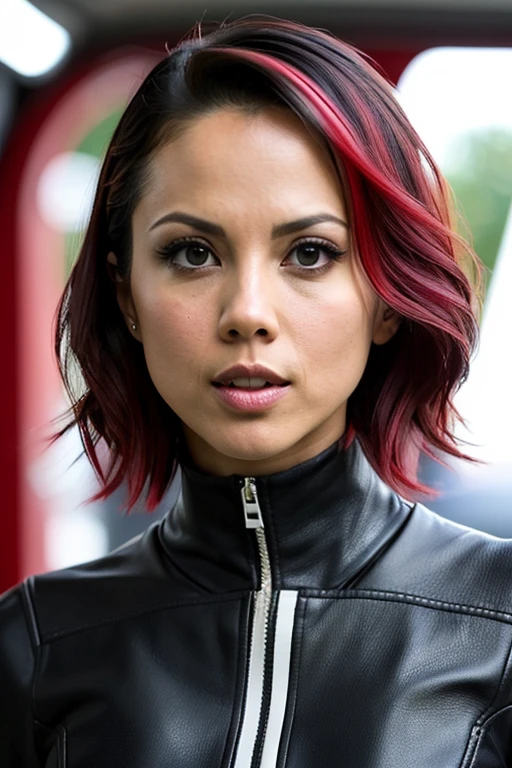 r0mm13-001, ([red|black|purple] bob hair:1.3), red leather jumpsuit, looking at the viewer. on a sci fi spaceship.  (closeup:1.3). fcHeatPortrait