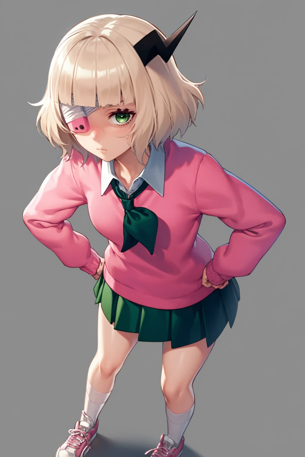 masterpiece, best quality,
1girl, ruruchan, blonde hair, short hair, eyepatch, green eyes, horn, collared shirt, skirt, pink sweater, long sleeves, school uniform, shirt, sneakers, socks,
hands on hips, solo, looking at viewer, simple background <lora:Ruruchan:1>