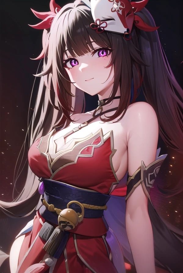honkaisparkle, <lora:honkai sparkle-lora-nochekaiser:1>,
sparkle, long hair, bangs, black hair, hair ornament, twintails, (red eyes:1.3), bell, mask, mask on head, fox mask, smile,
BREAK dress, bare shoulders, japanese clothes, sash, tattoo, red dress,
BREAK outdoors,
BREAK looking at viewer, (cowboy shot:1.5)
BREAK <lyco:GoodHands-beta2:1>, (masterpiece:1.2), best quality, high resolution, unity 8k wallpaper, (illustration:0.8), (beautiful detailed eyes:1.6), extremely detailed face, perfect lighting, extremely detailed CG, (perfect hands, perfect anatomy),