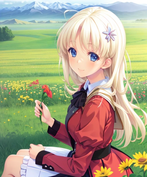 portrait, (adult woman), sitting, picking flowers, (1girl, solo), smile, (blonde hair), ((field, rolling hills)), (distant mountains), ((best quality, high detail)), ((masterpiece)), hairclip, cape, <lora:1_Sankuro_20e:1>