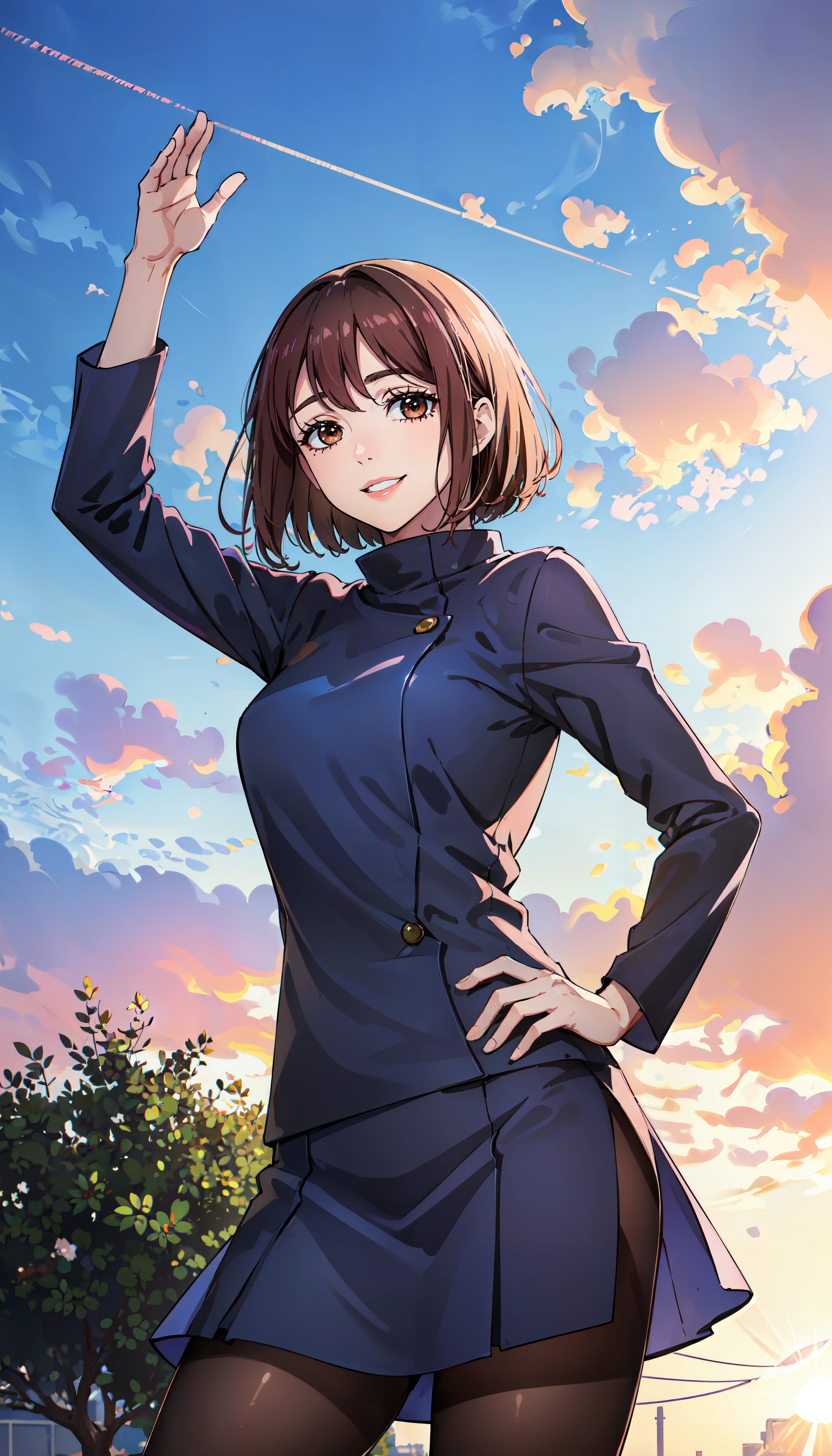 photorealistic, (4k), depth of field, (Masterpiece), (realistic skin texture), extremely detailed, intricate, hyper detailed, professional photography, bokeh, high resolution, sharp detail, best quality, girl, bShoko, short hair, brown hair, brown eyes, jujutsu uniform, blue jacket, long sleeves, blue skirt, pantyhose, <lora:GoodHands-beta2:0.4>, <lora:detail_slider_v4:0.8> , dynamic pose, (feminine pose), <lora:Shoko Ieiri-000004:0.7> , sunrise, forest, outdoors, light rays, clouds, happy, smiling,