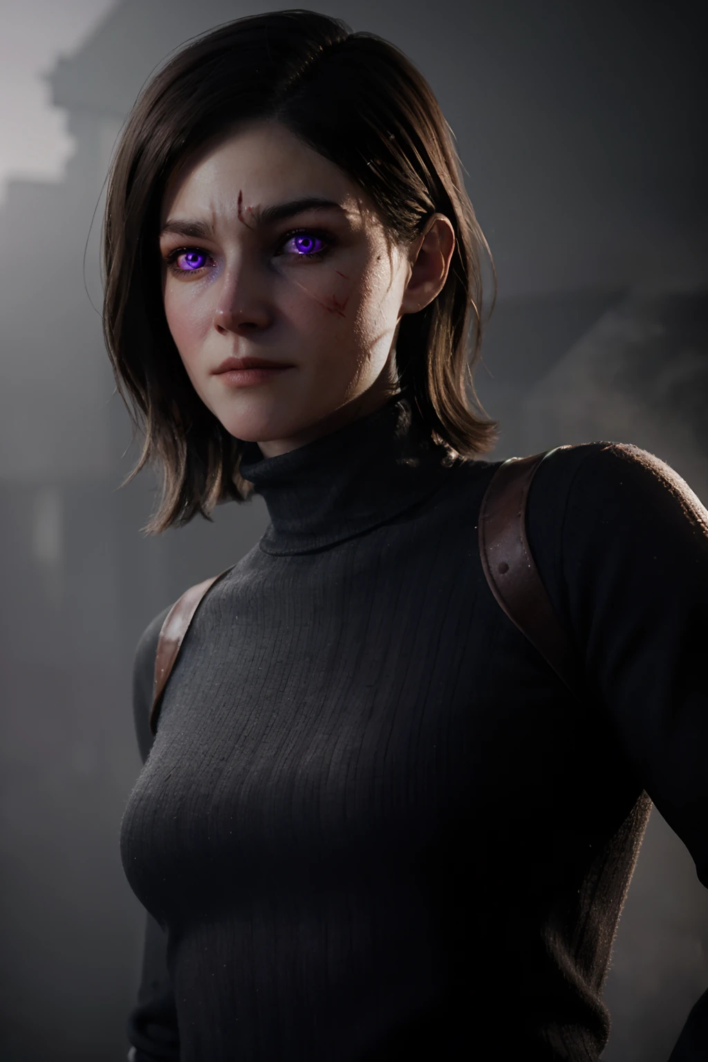 8k,highres, ((medium shot)), close up, highly detailed, 1girl, in a purple fog aether background , looking at the viewer, short wavy brown hair, turtleneck, , sammaxis, SFW <lora:Samantha Maxis -000009:.5>