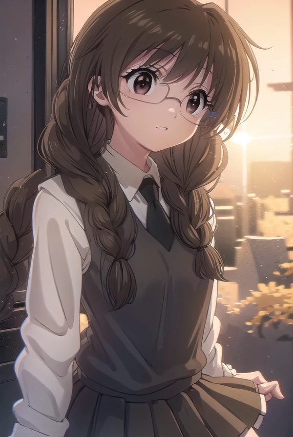 koiuichigusa, <lora:koi ui chigusa s1-lora-nochekaiser:1>,
koi ui chigusa, brown hair, (brown eyes:1.5), glasses, braid, hair braid, single braid, hair over shoulder,
BREAK skirt, school uniform, necktie, sweater vest,
BREAK indoors,
BREAK looking at viewer, (cowboy shot:1.5)
BREAK <lyco:GoodHands-beta2:1>, (masterpiece:1.2), best quality, high resolution, unity 8k wallpaper, (illustration:0.8), (beautiful detailed eyes:1.6), extremely detailed face, perfect lighting, extremely detailed CG, (perfect hands, perfect anatomy),