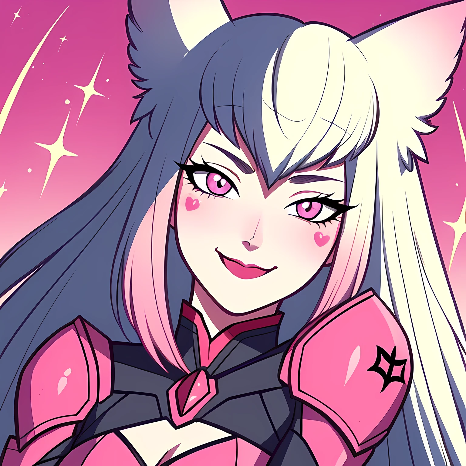 (masterpiece, best quality:1.2), very detailed illustrations, high-quality lighting, 1girl, solo,  <lora:Mar1-15:0.5>, white long  hair, animal ears, pink eyes, facial mark, (bio-armor:1.1), athletic body, posing, cheeky smile, shiny eyes, close-up, <lora:Retro_Anime-000002:0.6> , spirits, silhouettes, symbols, night, moon, retro anime,