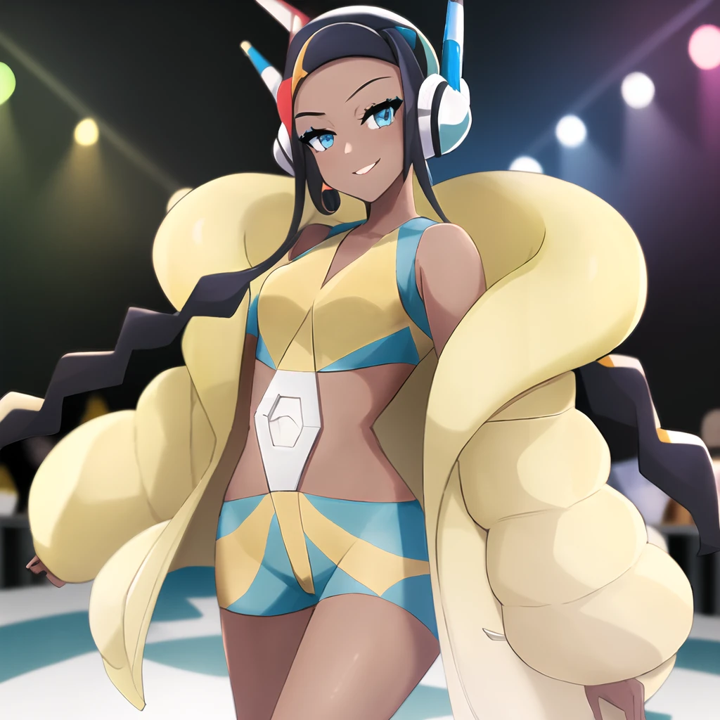 masterpiece, best quality, highly detailed, 1girl, solo, <lora:nessa pokemon by Goofy Ai:0.8> (nessa_pokemon:1.3),
dark-skinned female, dark skin, blue eyes, aqua eyes, long hair, black hair, blue hair, aqua hair, multicolored hair, two-tone hair, hair bun, single hair bun, eyeshadow, seductive smile,
standing, catwalk, neon lights,
<lora:elesa_oufit_bw2-10:1> (elesa_outfit_bw2:1.4), headphones, headgear, navel, fur coat, yellow coat, open coat, coat, jacket, yellow jacket, open jacket, midriff, crop top, shorts, short shorts