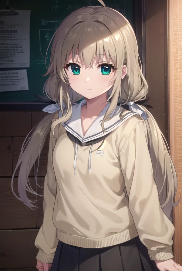 sarasoujushirogane, <lora:sara souju shirogane s1-lora-nochekaiser:1>,
sara souju shirogane, long hair, ribbon, brown hair, (green eyes:1.3), ahoge, twintails, low twintails, hair ribbon, smile,
BREAK skirt, long sleeves, school uniform, serafuku,
BREAK indoors, classroom,
BREAK looking at viewer, (cowboy shot:1.5)
BREAK <lyco:GoodHands-beta2:1>, (masterpiece:1.2), best quality, high resolution, unity 8k wallpaper, (illustration:0.8), (beautiful detailed eyes:1.6), extremely detailed face, perfect lighting, extremely detailed CG, (perfect hands, perfect anatomy),