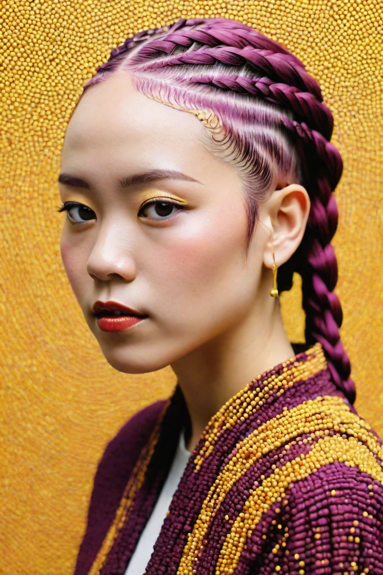 complementary colors, Award-Winning Woman as a Writer, Plum and Mustard hair styled as Cornrows, hairpin, Kinetic Pointillism, Muted Colors, dtx, portrait art by Sana Takeda