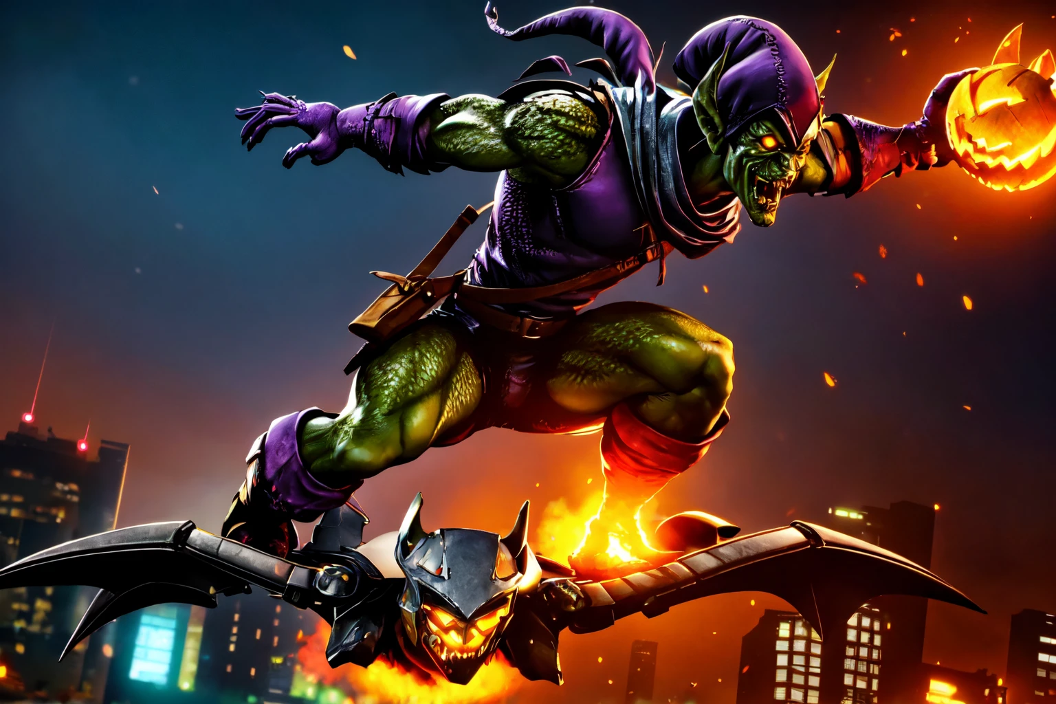 a man floating in the air, big city, rain, spotlights, buring bulildings, beautiful eyes, high detail skin, high detail eyes, high detail hair, highres, ultra detailed, sharpen picture, Highly detailed, masterpiece, best quality, photorealistic, 
 <lora:Green goblinLoRA:1> hat, colored skin, goblin, pointy ears, sleeveless, tunic, 1boy, top, gloves, bag, boots, fangs, sharp teeth, shorts, explosive, glider, pumpkin, holding grenade, belt, smoke, glowing, torn clothes, fire, scarf