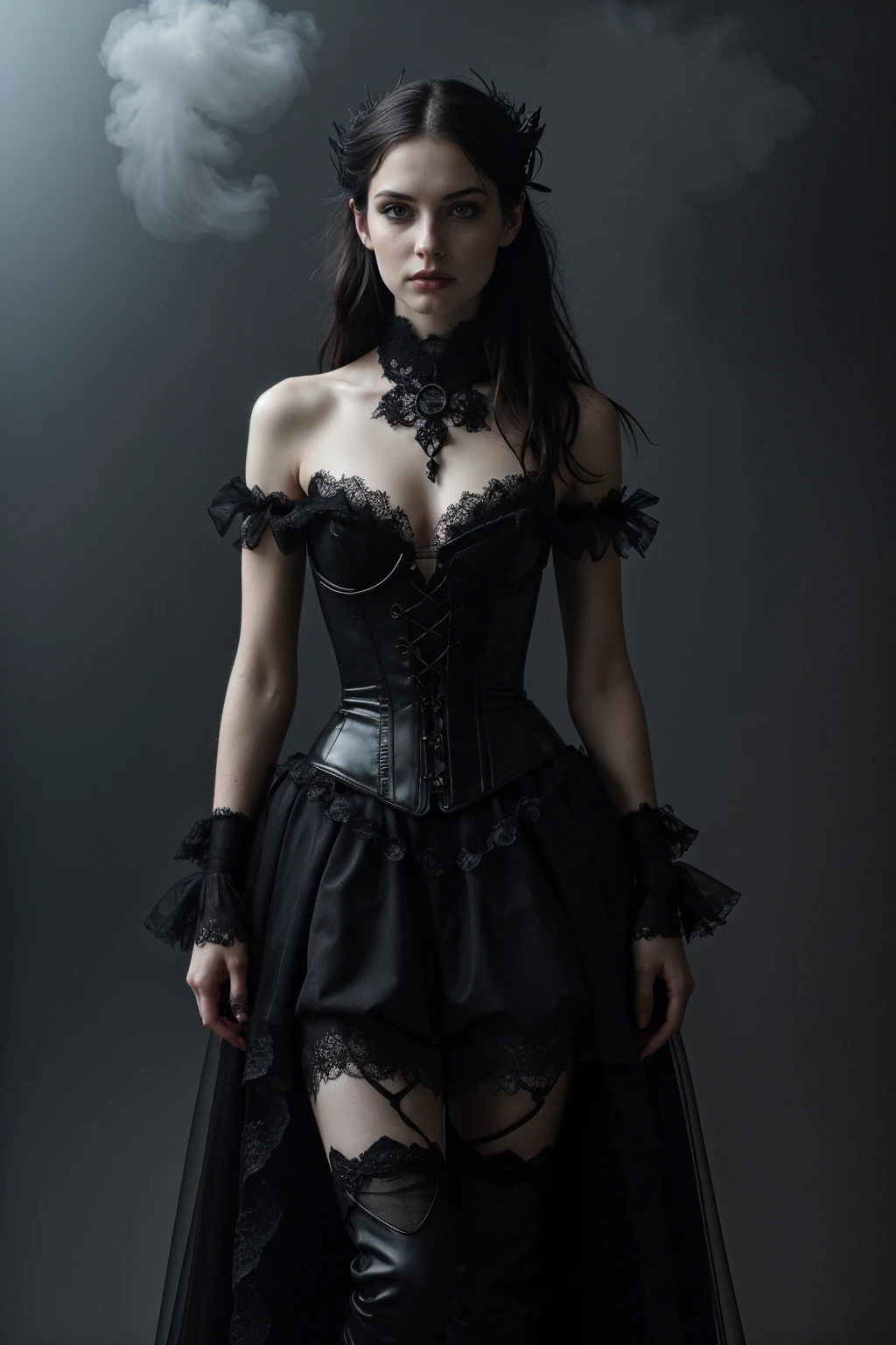 Envision a cinematic, high-detail masterpiece: a pale-skinned woman adorned in an intricately designed black leather corset, set against a deeply atmospheric backdrop with swirling smoke. This scene marries gothic elegance with cinematic depth, where the smoke dynamically wraps around her, creating a captivating interplay of light and shadow. The detailed craftsmanship of the corset contrasts strikingly with her pale skin and the ethereal smoke, crafting an image of enigmatic allure. Aim for a composition that feels like a portal into a realm where gothic fantasy and cinematic beauty merge, drawing the viewer into a visually stunning narrative of depth and mystery <lora:G0thG1rl_sd15_style_v3:0.65> g0thg1rl
