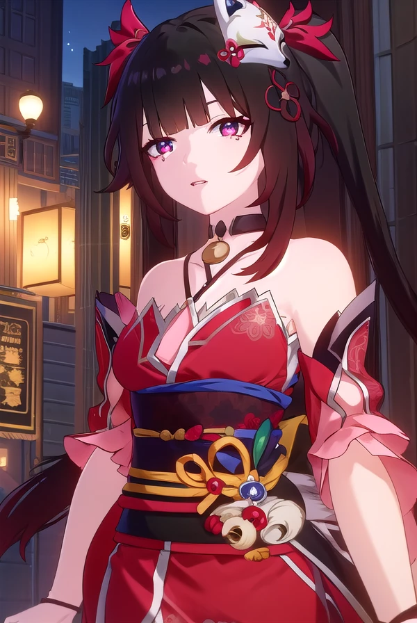 honkaisparkle, <lora:honkai sparkle ingame-lora-nochekaiser:1>,
sparkle, long hair, bangs, black hair, hair ornament, twintails, (red eyes:1.3), bell, mask, mask on head, fox mask, smile,
BREAK dress, bare shoulders, japanese clothes, sash, tattoo, red dress,
BREAK outdoors,
BREAK looking at viewer, (cowboy shot:1.5)
BREAK <lyco:GoodHands-beta2:1>, (masterpiece:1.2), best quality, high resolution, unity 8k wallpaper, (illustration:0.8), (beautiful detailed eyes:1.6), extremely detailed face, perfect lighting, extremely detailed CG, (perfect hands, perfect anatomy),