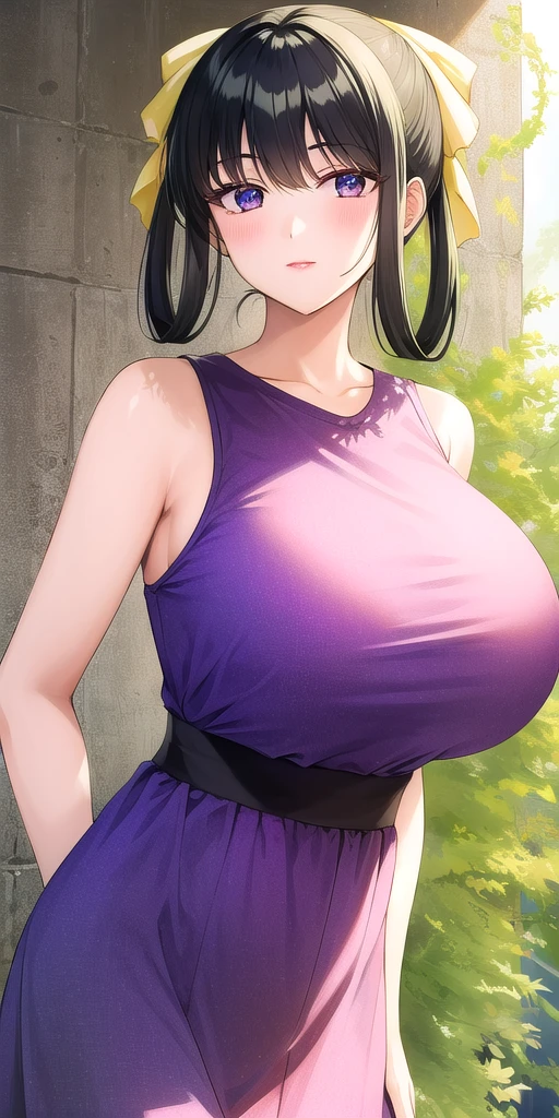 <lora:AkikoHoujohV9:.7> AkikoHoujoh, huge_breasts, standing, solo, sundress, yellow_hair_bow,, masterpiece, best_quality, detailed_face, detailed_eyes, highres, beautiful, detailed,