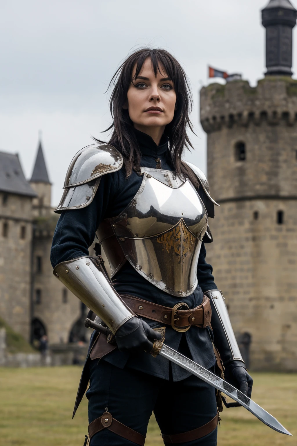 female warrior in leather armor holding a sword, castle background <lora:G0thG1rl_sd15_style_v3:0.65> g0thg1rl
