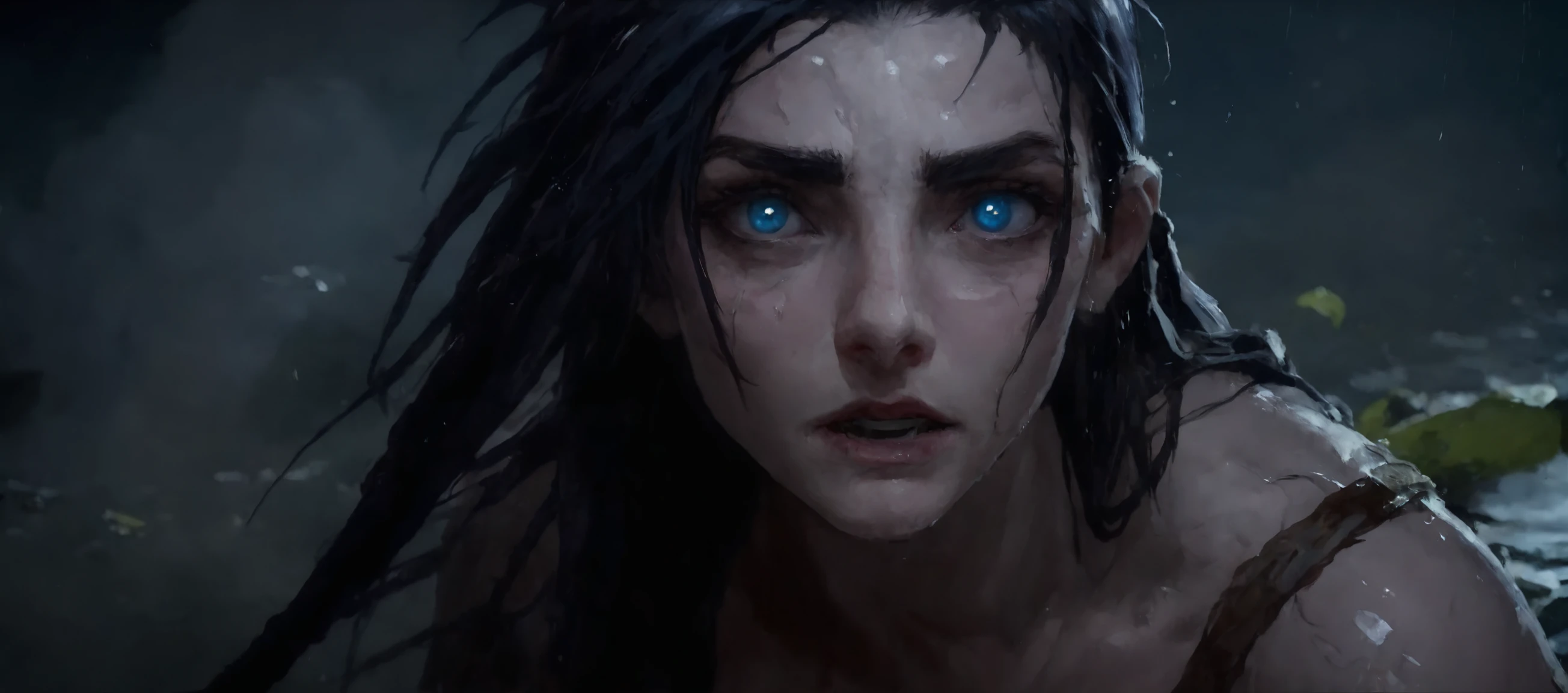 cinematic film still of wet haired girl, blue eyes, fear of the dark, realistic, jinx, league of legends, masterpiece, <lora:Harbingers Style v1.1 SDXL :1>