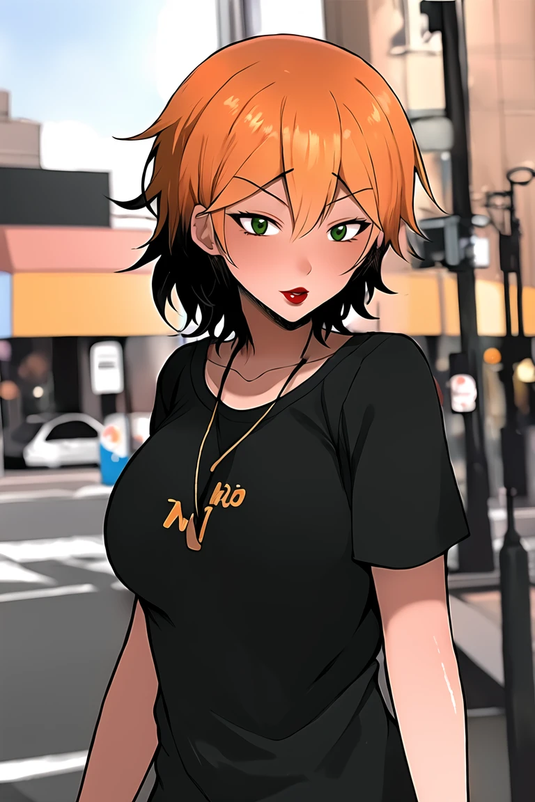 AS-Adult,cityscape,blurry background,depth of field,1girl, gyaru,fashion,fake tan, <lora:kanako-terasumc_final:0.9> kanako_\(terasu_mc\),orange hair,short hair,green eyes,