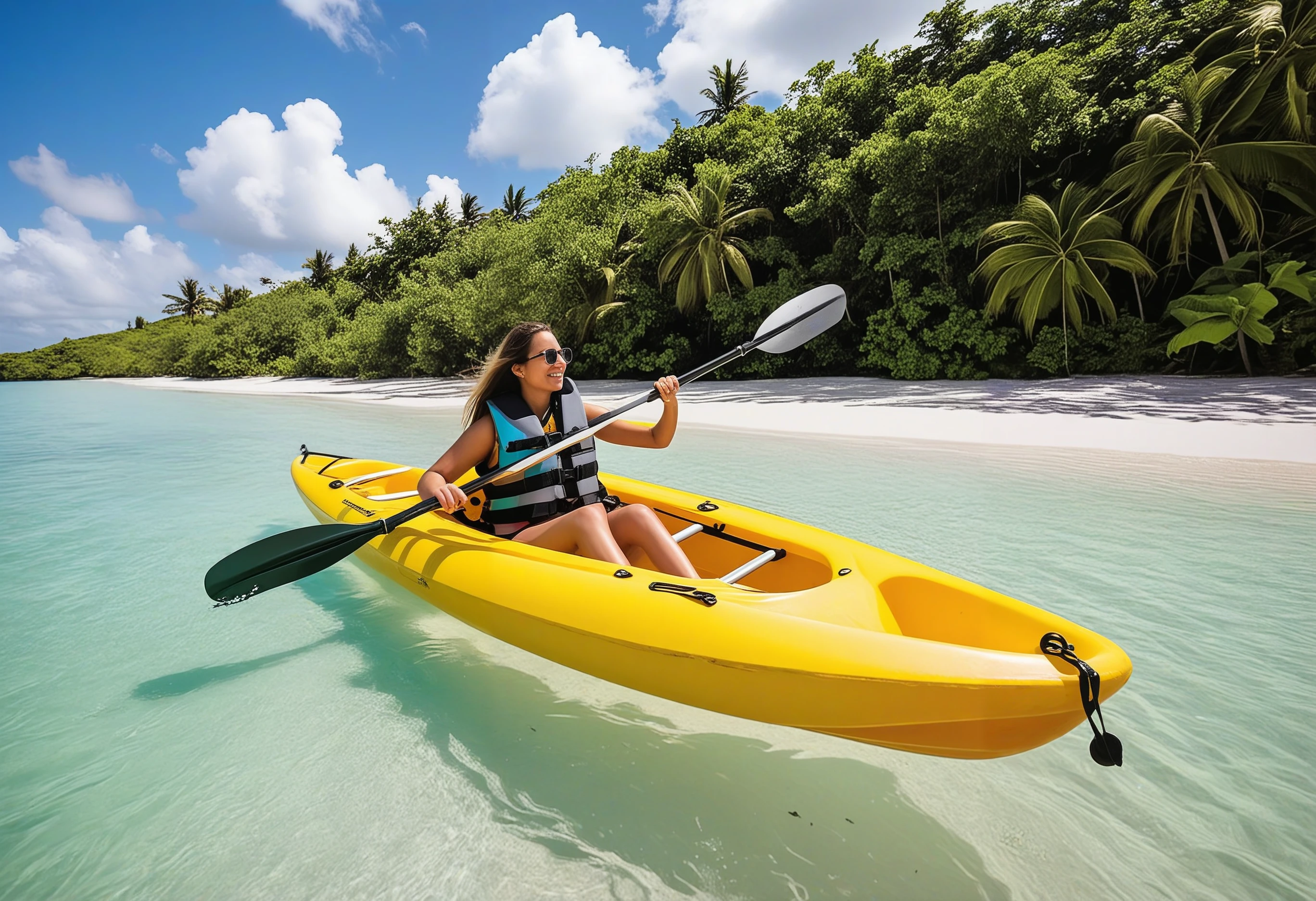 kaya3, A person with long hair wearing a life jacket is paddling a yellow kayak in clear turquoise water near a sandy beach with lush green tropical foliage. The sky is blue with scattered clouds. 