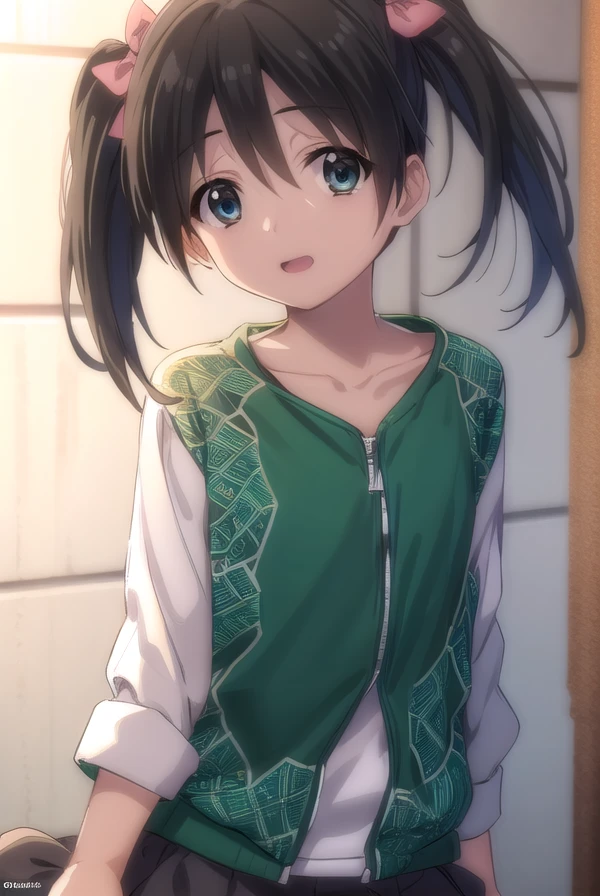itaruitou, <lora:itaru itou-lora-nochekaiser:1>,
itaru itou, short hair, black hair, bow, ribbon, twintails, hair bow, (black eyes:1.3), short twintails, smile, open mouth,
BREAK long sleeves, sweater,
BREAK indoors,
BREAK looking at viewer, (cowboy shot:1.5),
BREAK <lyco:GoodHands-beta2:1>, (masterpiece:1.2), best quality, high resolution, unity 8k wallpaper, (illustration:0.8), (beautiful detailed eyes:1.6), extremely detailed face, perfect lighting, extremely detailed CG, (perfect hands, perfect anatomy),