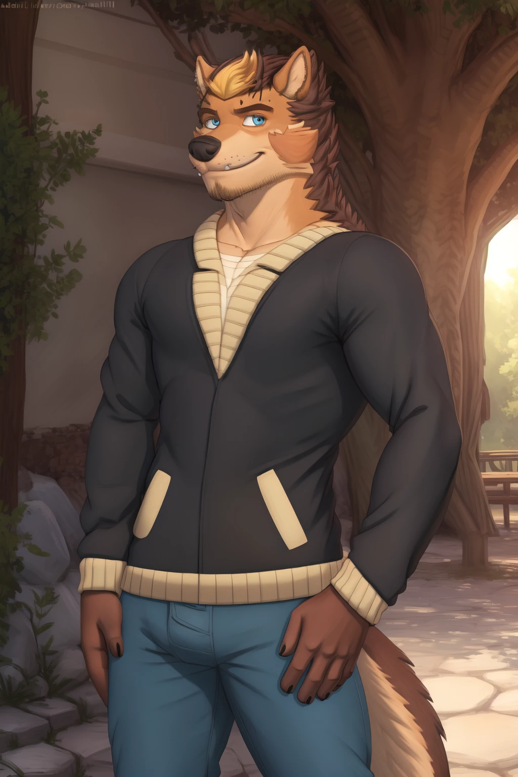 owen lorelei, muscular male, purple eyes, smile, (pose:1.3), (posing:1.3), (soft shading), 4k, hi res, ((detailed face(mad), detailed)), (full body), by zackarry911, by zaush, (by personalami:0.5), unzipped jacket, brown jacket, white sleeves, pants down, NSFW, big long penis(harden),((big inch long)),((big 25 wide)), big balls,POV