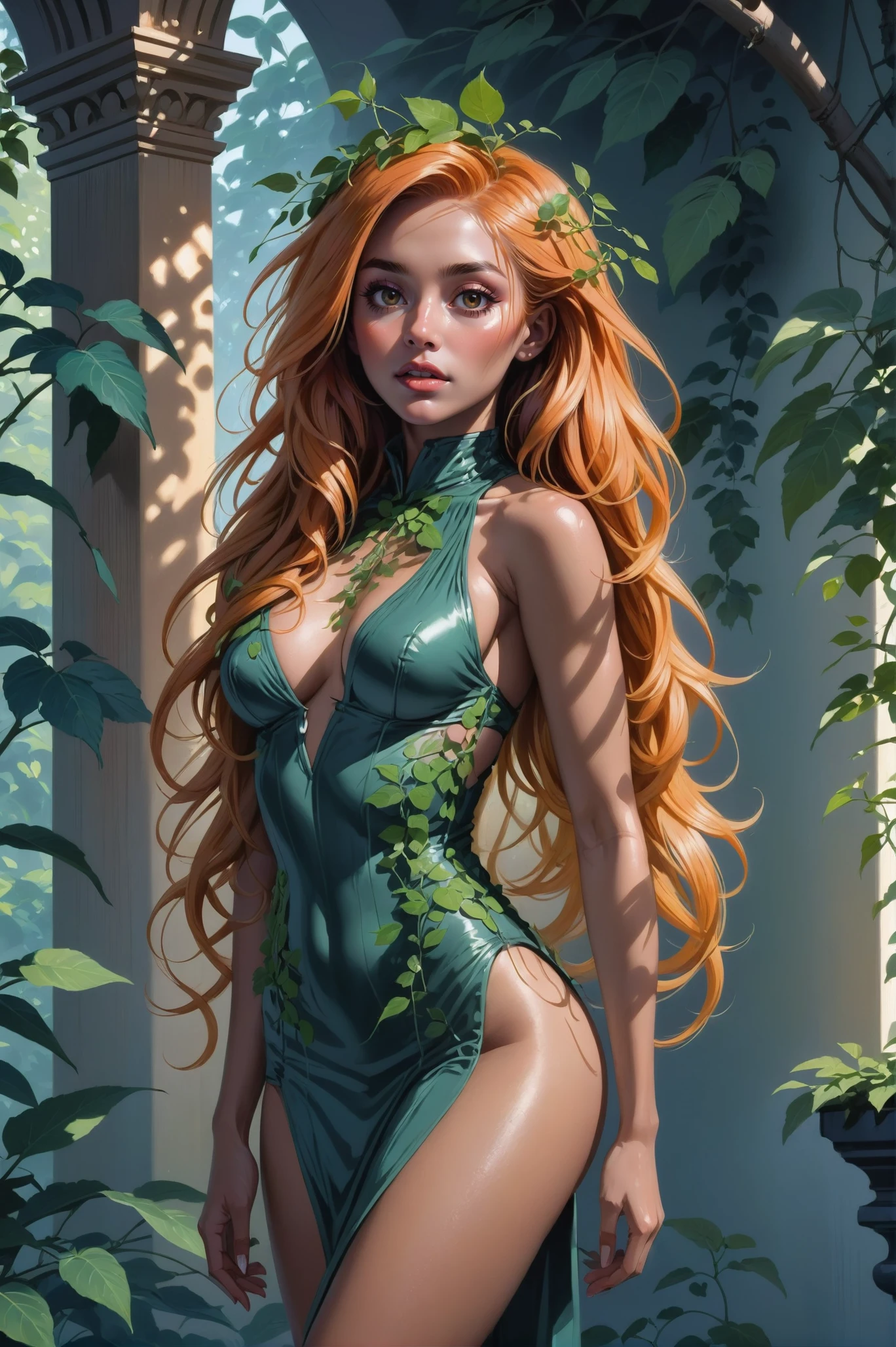 digital art, 1girl, woman, druid, bombshell hair, ginger hair, long hair, average figure, (african, dark skin:0.6), warmly lit interior, in a Vine-covered pergola<lora:EnvyBetterHiresFixXL01:0@0,0@.49,1@.5:hr=1><lora:EnvyCreativeOutfitXL01:1.3>