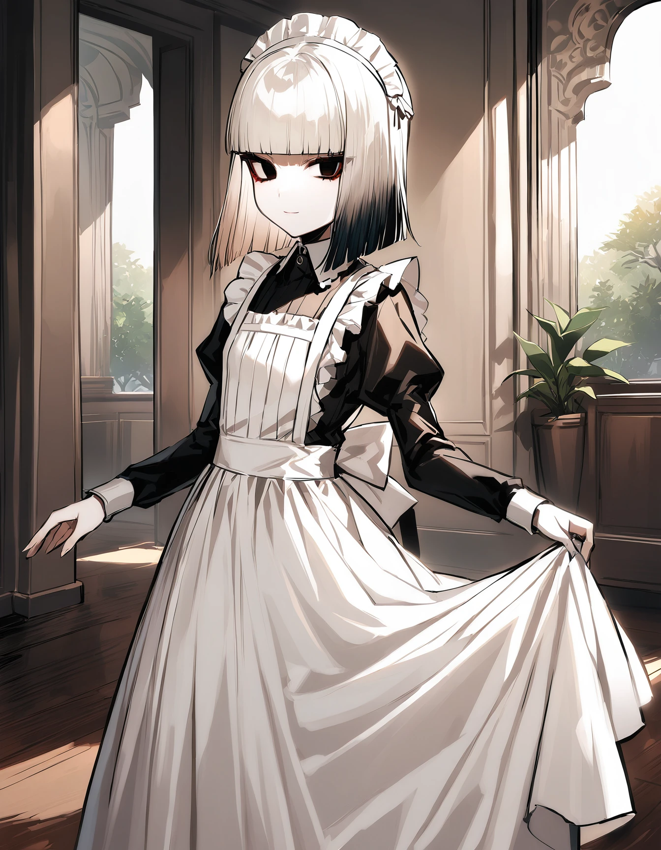 1girl,pov,sen no rikyu \(fate\), fate/grand order,black eyes,multicolored hair,medium hair ,(japanese clothes,kimono,black headwear:-1.0),(flat chest:1.2),curtsey ,light smile,expressionless,maid,maid headdress,maid apron,long skirt,cowboy shot,mansion,indoors,,masterpiece,best quality<lora:sdxl2-flat2-512b:-0.3>  <lora:xl-fgo-rikyu9:1.1>