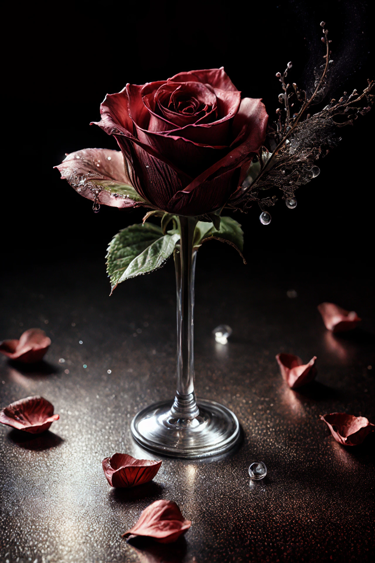 Macro Photography,a rose,shining starlight,Simple background,Dark background,Extreme Detail,UHD,8K,Studio Lighting,Professional Photography,fine art,<lora:add_detail:1>,water droplets on rose petals,<lora:PsionicMagic-20:1>,