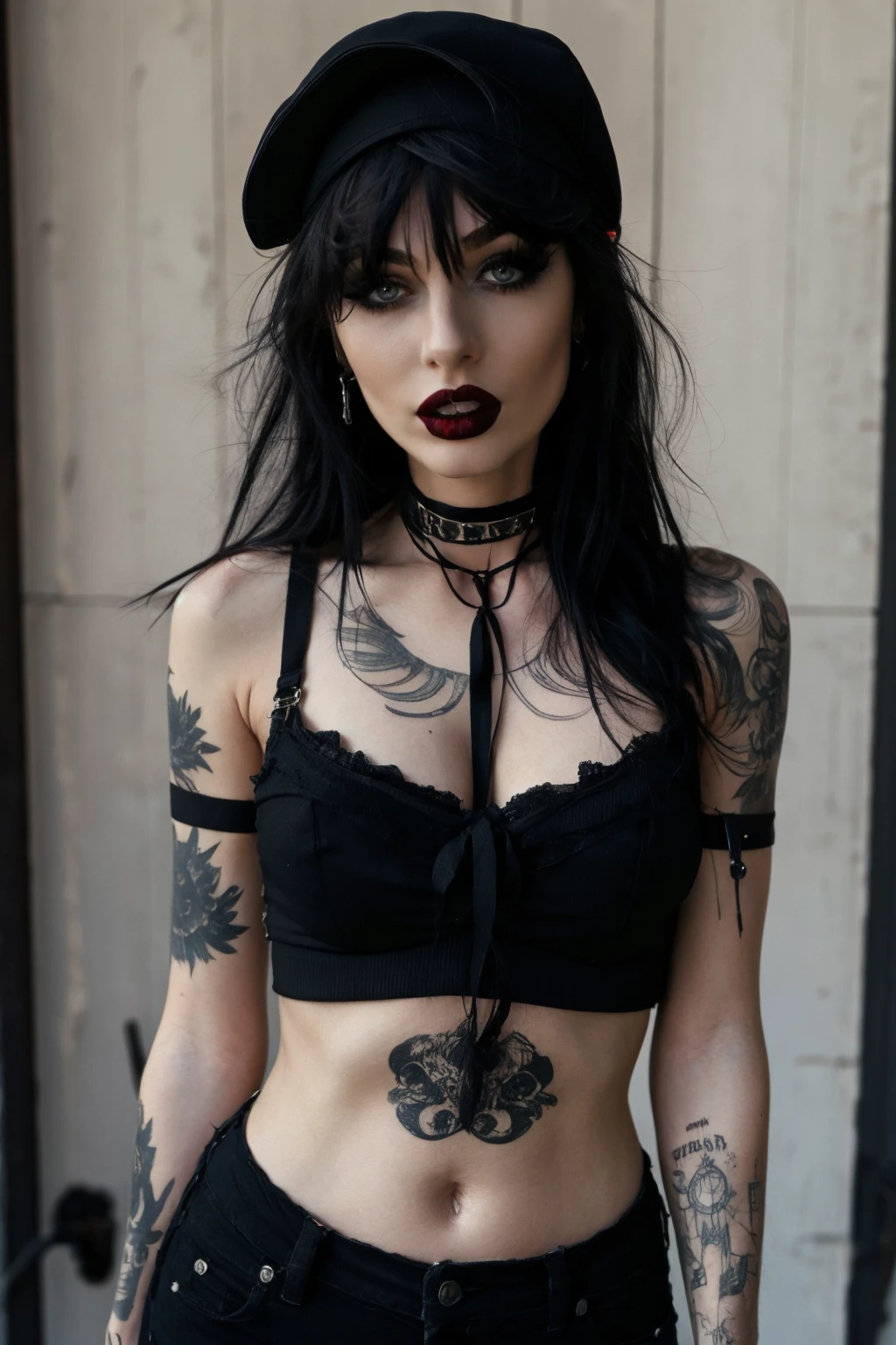 1girl, bare shoulders, black bra, black hair, black nails, bra, breasts, choker, hat, jewelry, long hair, makeup, open mouth, pants, realistic, sky, sleeveless, solo, tattoo, upper body <lora:G0thG1rl_sd15_style_gpt_trigger:0.75> g0thg1rl